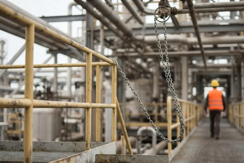 A valve mounted high overhead on pipework above a grated walkway, operated by a chain wheel. The loop of chain hangs down from it and falls across the walkway at chest height beside a yellow handrail. A worker in a hard hat and high-visibility vest walks away down the grating in the distance.