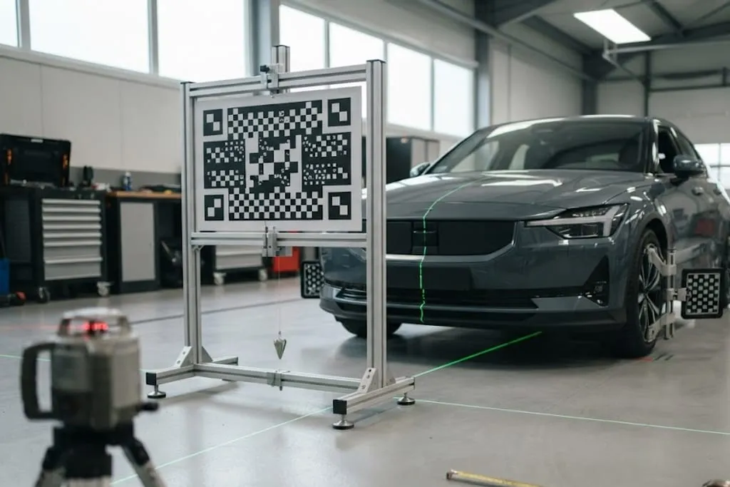A calibration bay with a large flat black and white chequered target board held in an aluminium profile frame, a plumb bob hanging from the centre of the frame and adjustable levelling feet at the base of each leg, the frame standing squarely in front of the nose of a car, green laser lines projected along the floor and across the vehicle centreline, patterned targets clamped to the front wheels, a rotating laser level on a tripod in the foreground and a level, evenly lit workshop floor throughout.