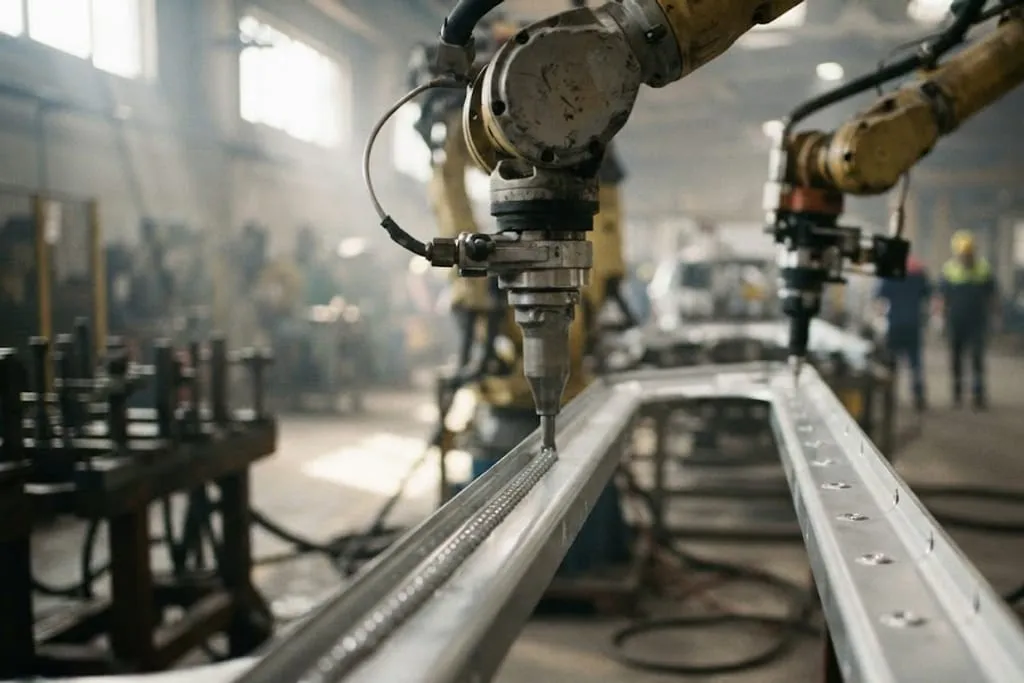 A robot applying a continuous bead of grey structural adhesive along the flange of an aluminium body panel in an assembly cell, with a self-piercing rivet gun on a second robot arm in the background and a row of set rivet heads visible along an adjacent flange.