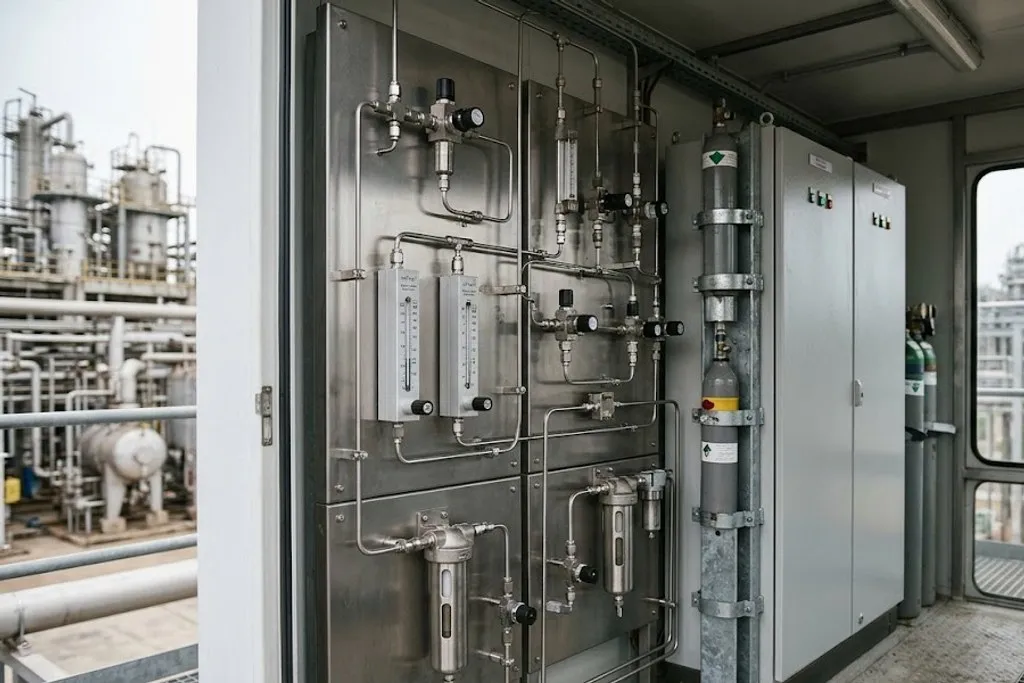 The interior of a process analyser shelter. A wall of stainless steel sample conditioning panels carries small-bore tubing, pressure regulators, rotameters and filter bowls. Two analyser cabinets stand alongside, with calibration gas cylinders secured against the wall and the plant visible through the open door.