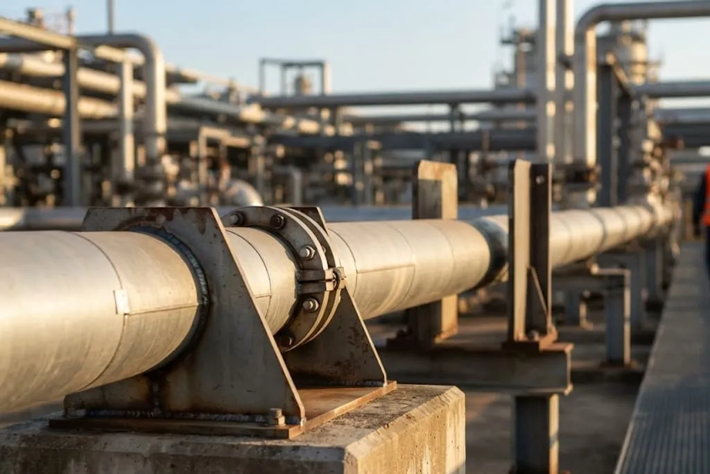 A large insulated line in a process unit. In the foreground the pipe is clamped between gusseted steel brackets welded to a plate on a concrete pedestal, fixing it completely. Further along the same line, upright steel plates stand either side of the pipe without touching it, leaving a visible air gap on each side.