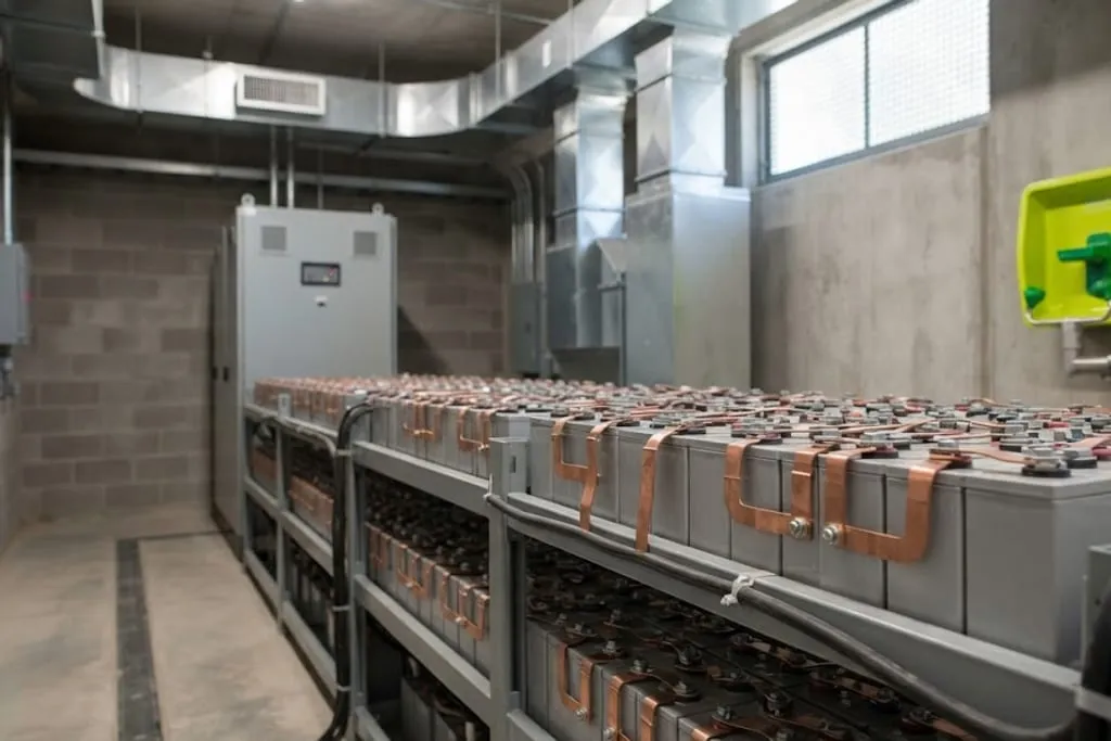 A UPS battery room with long tiered racks of sealed cells connected in series by short copper links, a charger cubicle at the end of the row, ventilation ducting overhead and an eyewash station on the wall.