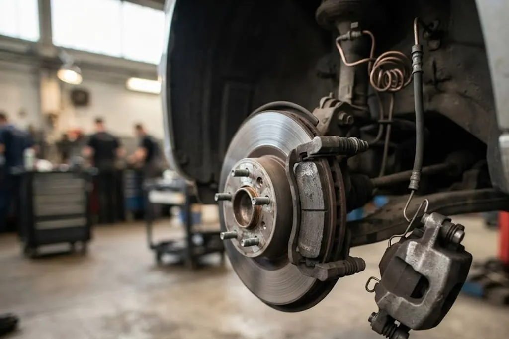 A front brake assembly with the wheel removed, showing a ventilated disc with its internal cooling vanes visible at the edge, a sliding caliper with the pad backing plates and the wear sensor lead, the flexible hose entering the caliper beside the bleed nipple, and the toothed reluctor ring and wheel speed sensor at the hub.