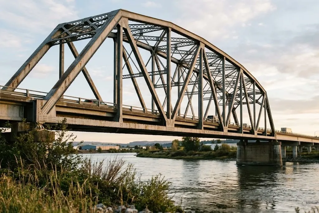 A steel through-truss road bridge photographed from the riverbank in low afternoon light, its diagonal and vertical members and their gusset plate connections clearly visible against the sky, with a concrete girder approach span continuing away from the truss on the far side.