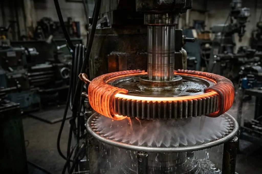 An induction hardening machine at work on a steel gear, a copper induction coil glowing around the rim of the rotating gear with a bright heated band on the tooth flanks and a quench spray ring below, in a dark workshop.
