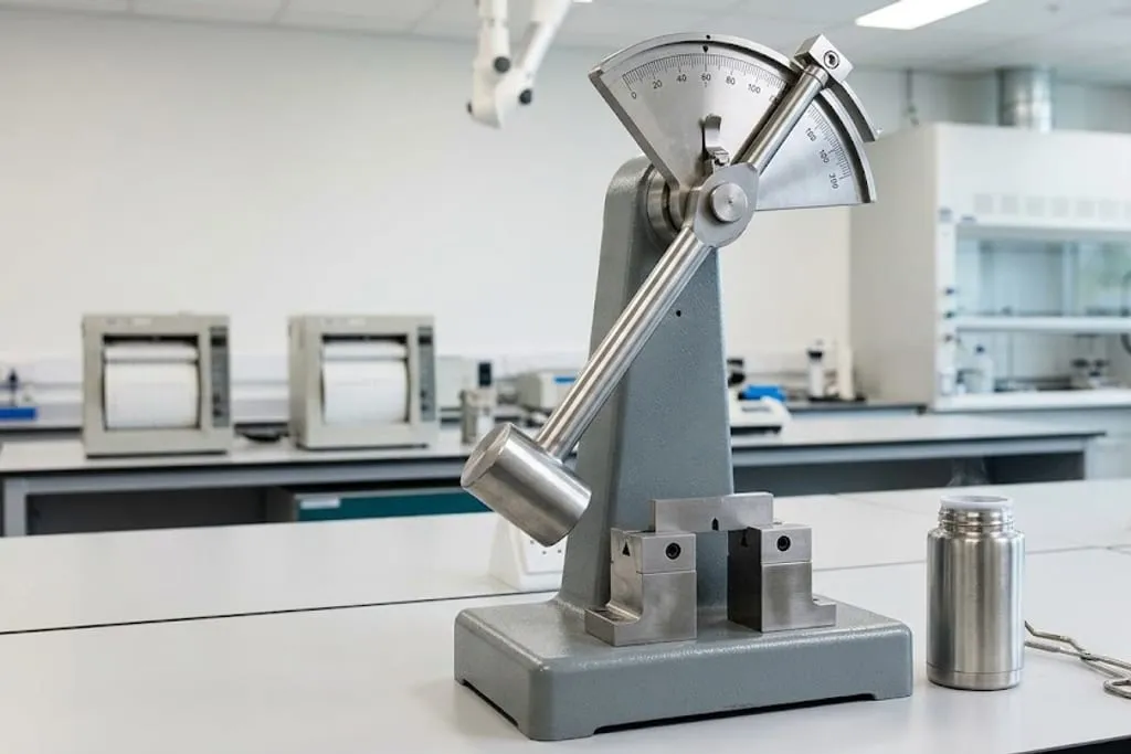 A Charpy pendulum impact testing machine in a materials laboratory, its hammer raised on the swinging arm, three notched test specimens standing on the bench beside the anvil.