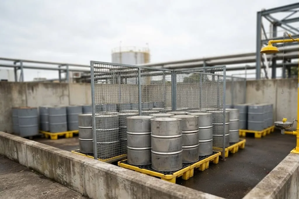 A bunded outdoor chemical storage compound with steel drums standing on yellow spill pallets inside a low concrete bund, separated into distinct groups by steel mesh partitions, and a safety shower and eyewash station at the entrance.