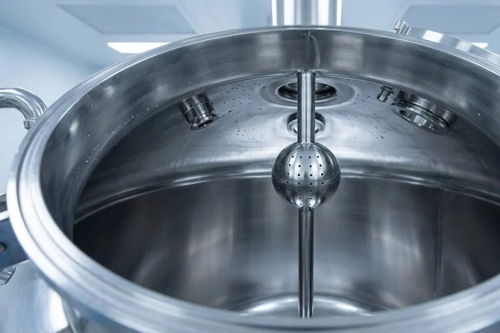 The inside of a polished stainless steel process vessel seen through its open top, showing a drilled spherical spray ball on a central tube hanging below the domed top head, the agitator shaft passing through beside it, two flush-mounted nozzle fittings set into the head, and water droplets scattered across the mirror-finish wall.