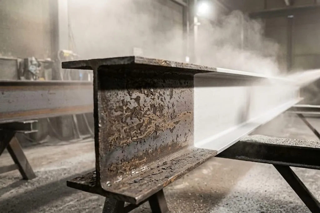A steel I-beam on trestles inside a blast enclosure, being abrasive blast cleaned; half the flange is already bright white metal while the rest is still rusted and pitted, with dust hanging in the air.