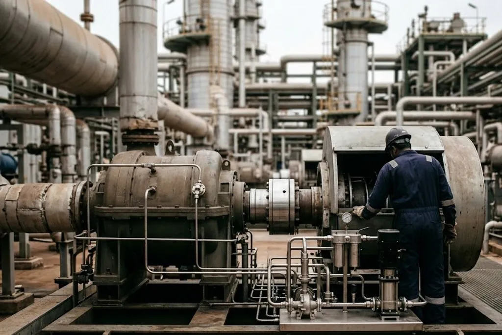 A compressor train on a refinery unit, down for maintenance. A horizontally split casing sits on a heavy steel baseplate at the left, connected through an exposed spacer coupling to its driver on the right. In the foreground stands a small auxiliary skid carrying a vertical pump, filter housings, small-bore tubing and a pressure gauge. A worker in coveralls and a hard hat stands at the machine with their back to the camera, with process columns and pipework behind.