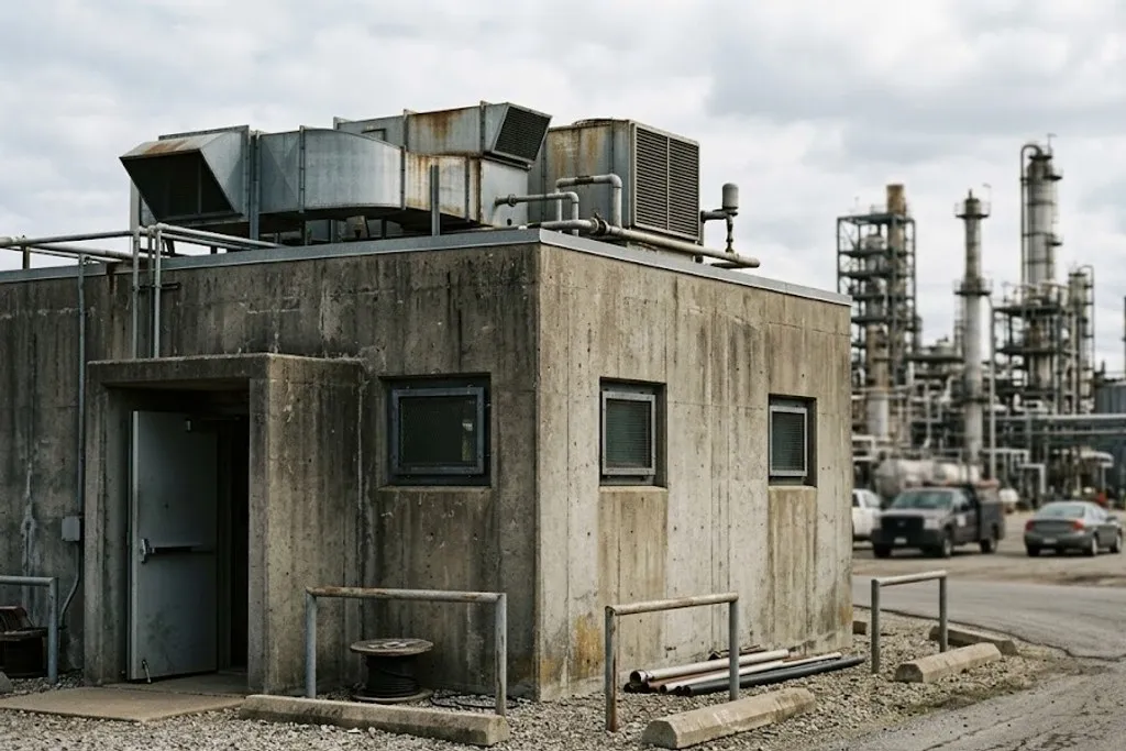 A squat single-storey blast-resistant control room building with heavy concrete walls, very few small windows, a protected entrance vestibule and HVAC plant on the roof, with process units in the distance.