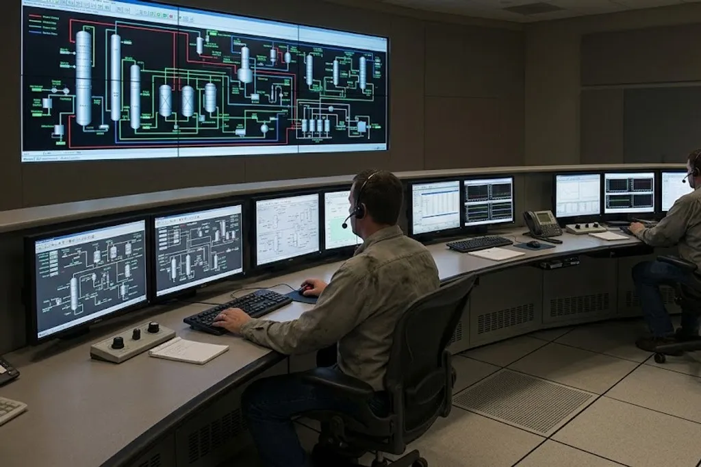 The interior of a process plant control room, with a long desk carrying several large screens showing process graphics and trends, subdued lighting and a large overview display on the wall.