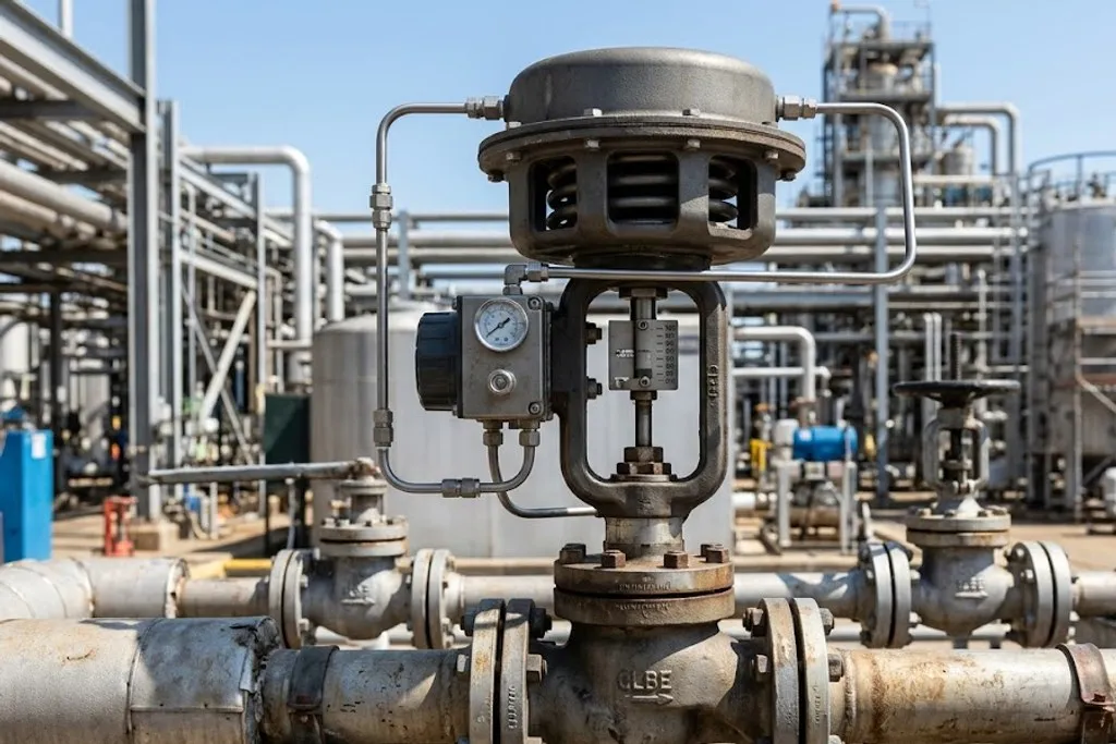 A globe-bodied control valve in a process line with a large spring-diaphragm pneumatic actuator above it, a digital positioner bolted to the yoke and small air tubing running to the actuator.