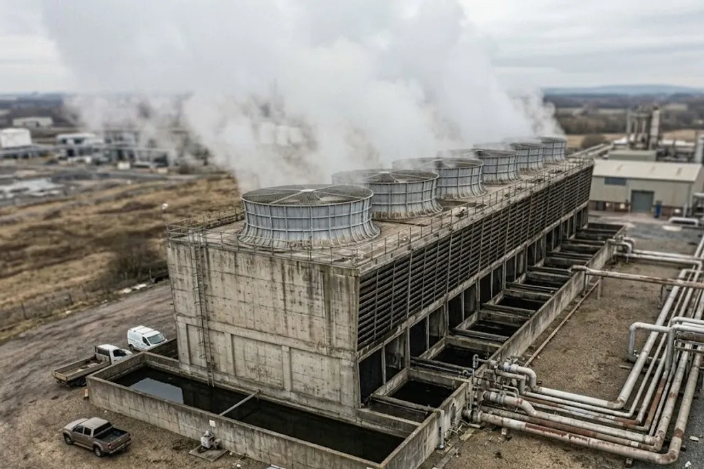 A large induced-draught cooling tower. Fans sit in stacks along the top deck with water vapour rising from them, louvred air intakes run down the side, and a concrete basin collects the cooled water at the base with return pipework running off toward the plant.