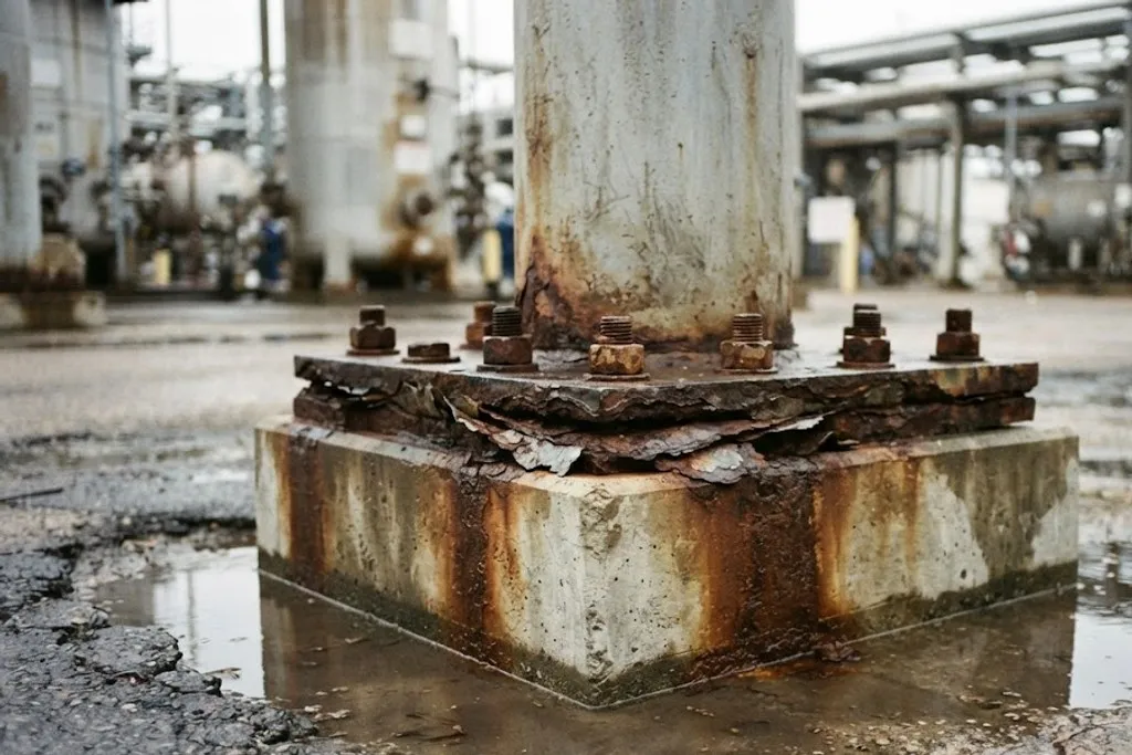 The base of a painted steel column where it meets its concrete foundation, with heavy rust and flaking paint at the grout line and accumulated grit and standing water around the base plate and holding-down bolts.