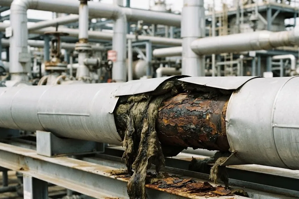 An insulated pipe with its cladding and insulation torn open, exposing heavily rusted and scaled steel underneath, while the cladding either side of the opening looks entirely sound.