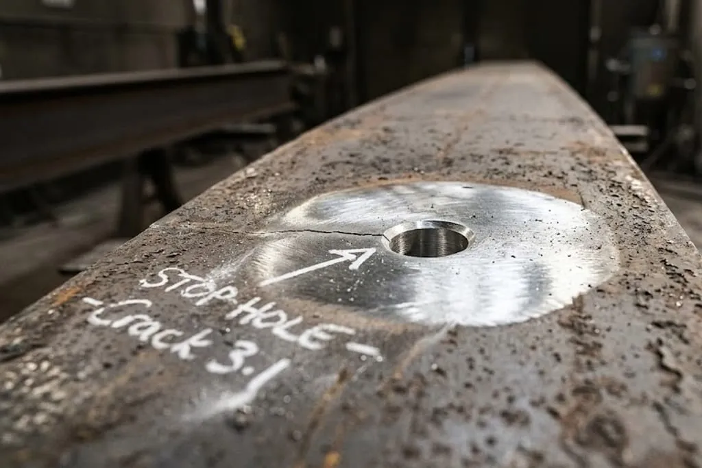 A close view of a steel beam surface with a drilled stop hole, the crack line running to it, and a chalk arrow with the words STOP HOLE and CRACK 3.1 written on the steel beside it.