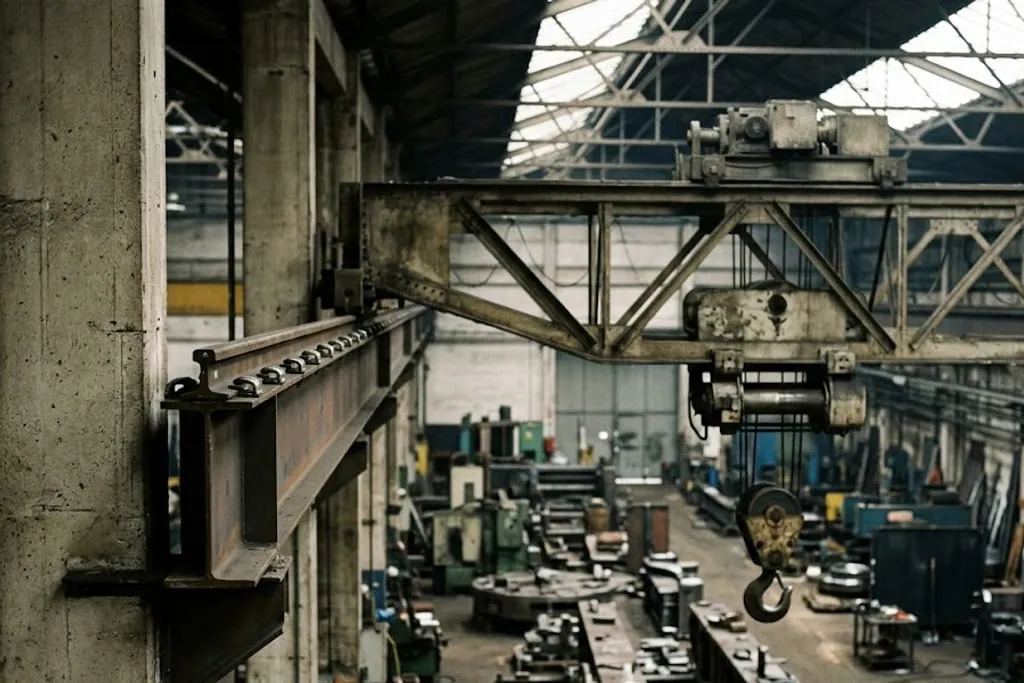 An overhead travelling crane in a heavy engineering workshop, the bridge spanning between two runway beams carried on brackets off the building columns, the crane rail and its clips visible along the top flange of the near runway beam, with the crab, hook block and machine tools on the shop floor below.