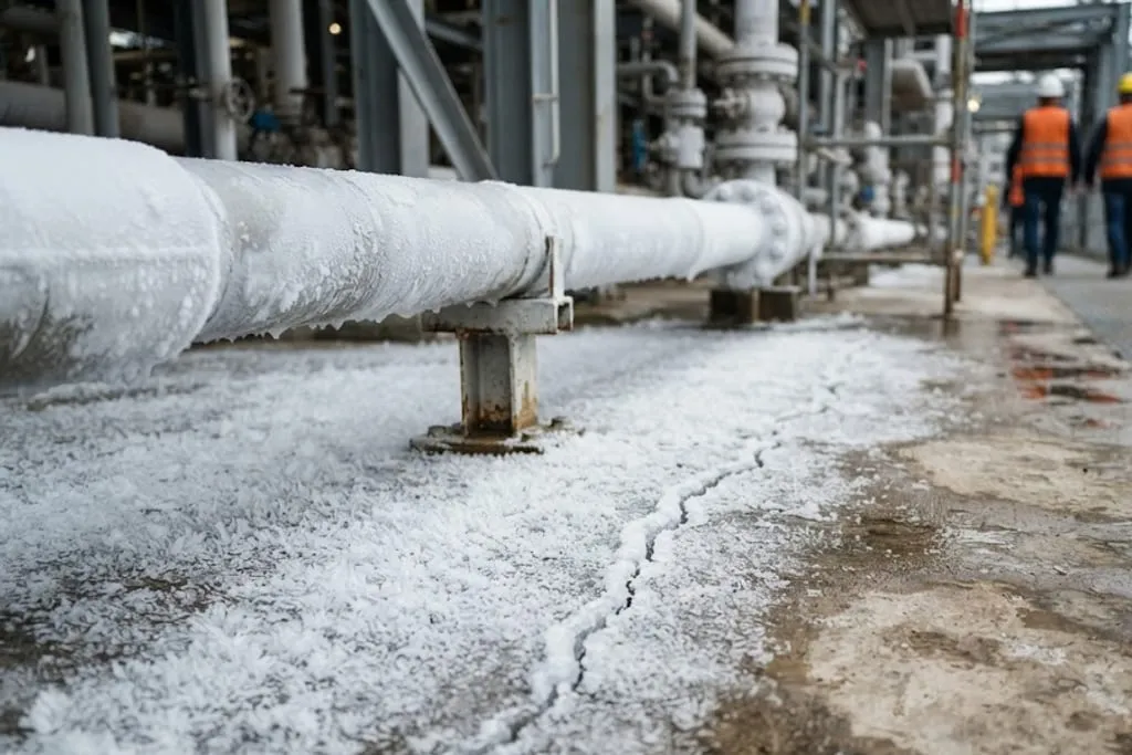 A heavily frosted cryogenic pipeline running away from the camera on short steel supports through a process plant, its insulation and the pipe surface built up with thick white rime. The concrete paving beneath and beside it is covered in a bloom of frost, and a crack runs through the paving across the frosted area. Two workers in orange hi-vis vests and white hard hats walk away in the blurred background.