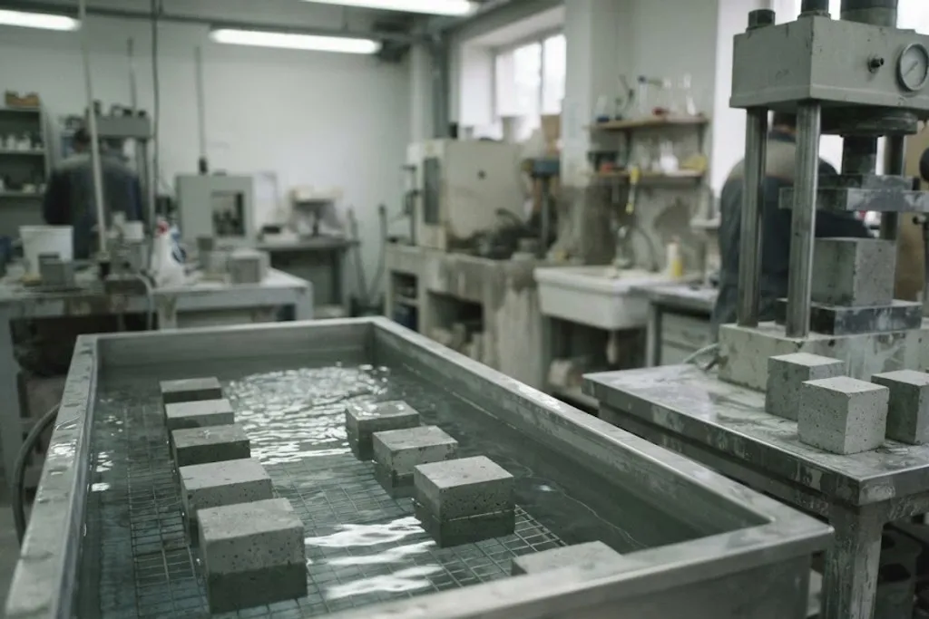 A concrete testing laboratory. In the foreground a long steel curing tank holds concrete cubes standing on a wire rack in water. Behind it to the right, a compression testing machine of four columns and a heavy crosshead has a cube set between its platens, with a pressure gauge on the frame and further cubes waiting on the bench beside it.