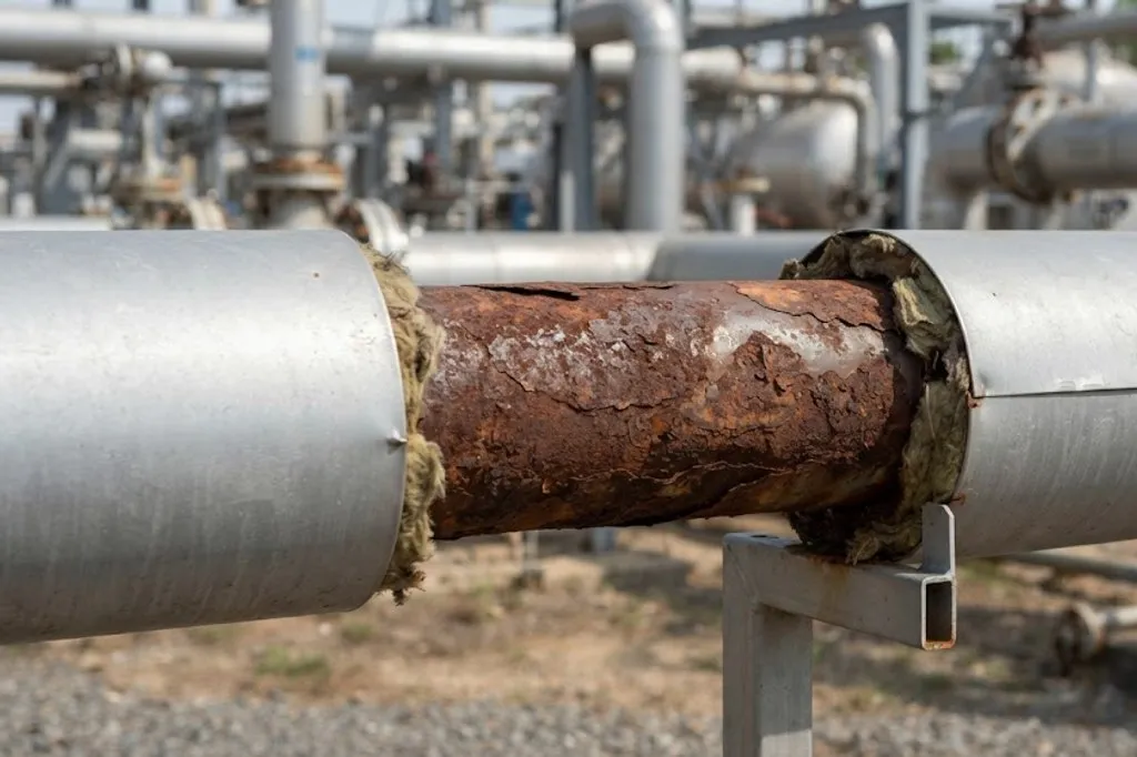 An insulated pipe in a process unit with a section of its metal cladding removed. Damp mineral wool insulation is still packed against the pipe at both edges of the opening, and the carbon steel exposed between them is covered in thick, layered red-brown corrosion scale with pale salt deposits, in contrast with the bright intact cladding either side.