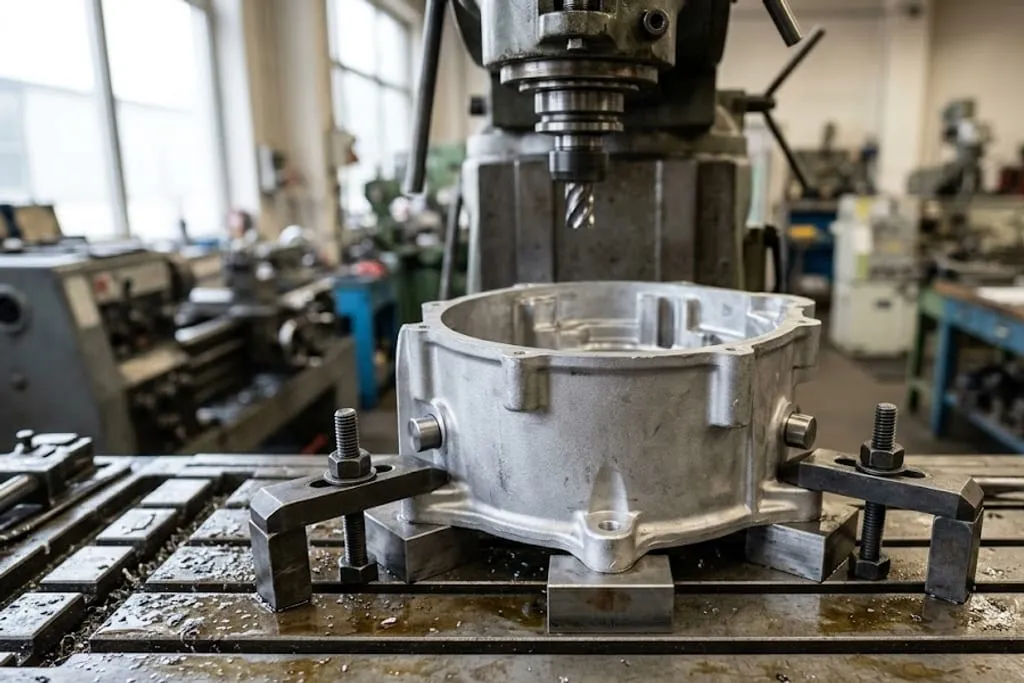 A cast aluminium housing clamped in a machining fixture on a milling machine table, seated on three flat locating pads with two side rest buttons against its flank, held down by toe clamps, with coolant residue on the table and the mill spindle above.