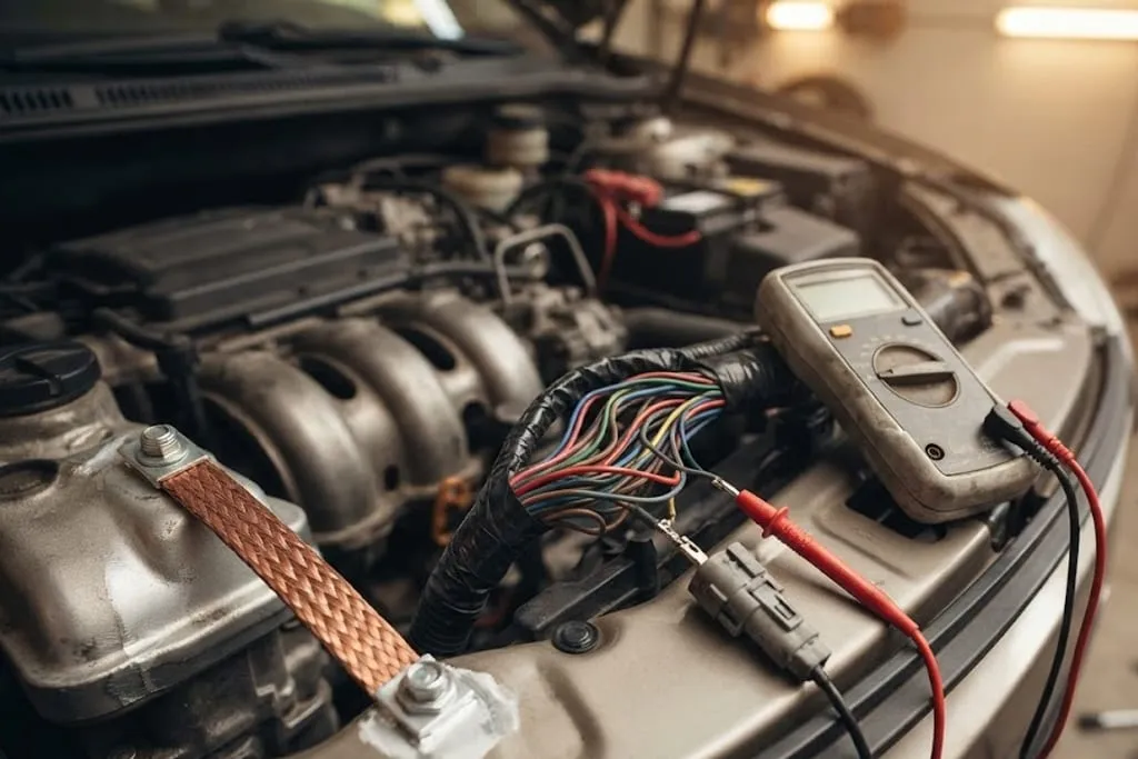 An engine bay wiring loom partly unwrapped on a vehicle, showing a fuse and relay box with its lid removed, the heavy battery positive cable running to it, and an earth strap bolted from the engine block to the inner wing.