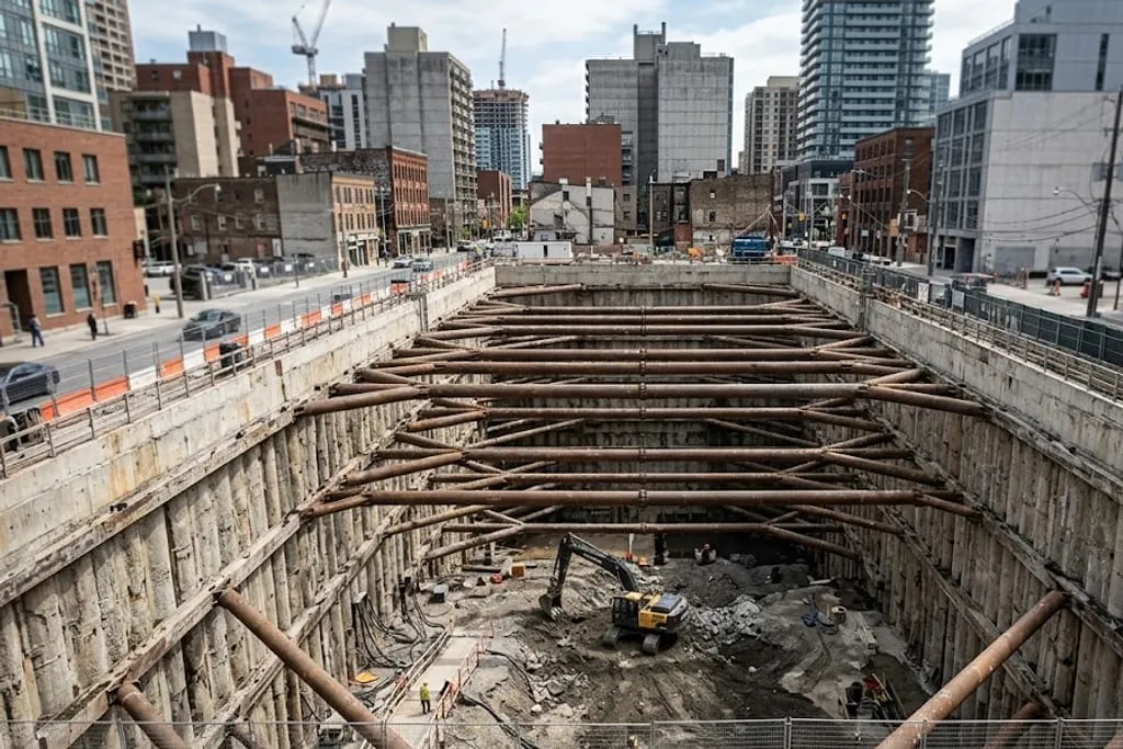 A deep urban excavation for a metro station box seen from street level, diaphragm walls on all four sides with several levels of tubular steel props and waler beams spanning across the opening, an excavator working on the partly excavated floor far below, and city buildings and a live road crowding the edge.