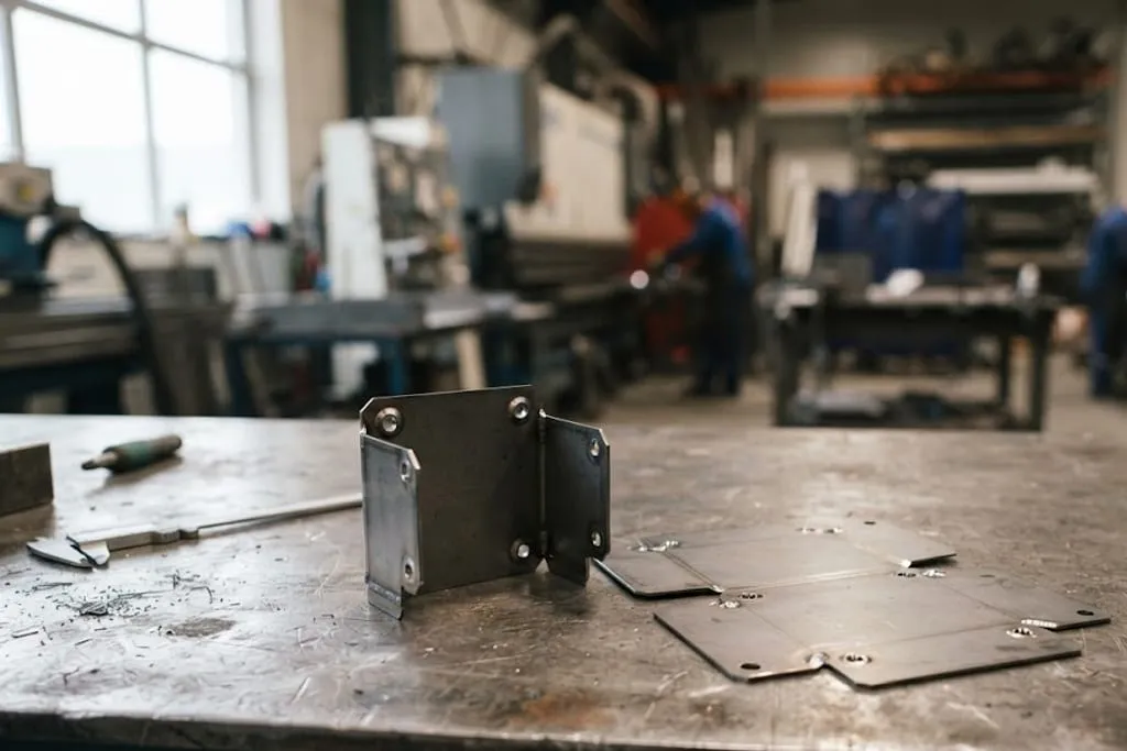 A folded sheet metal enclosure standing on a workshop bench beside its own flat blank, so the formed part and the developed pattern sit side by side, with corner relief notches and extruded hole collars catching the light.