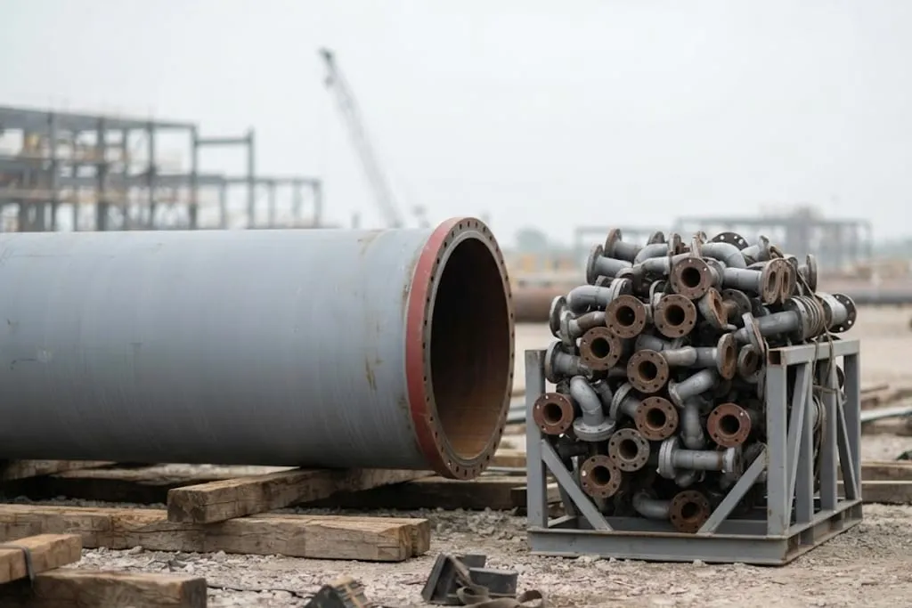 A laydown area with a single very large diameter pipe spool lying on timber dunnage in the foreground and, immediately beside it, a dense stillage packed with dozens of short small-bore spools and fittings, the contrast in size between the two filling the frame.
