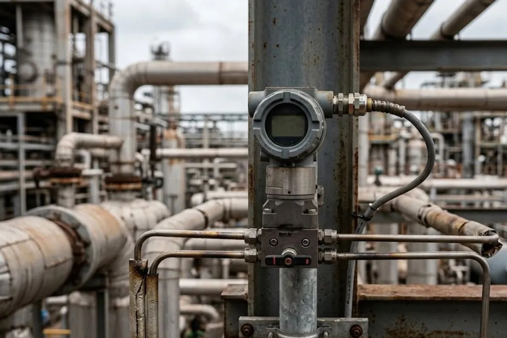 A differential pressure transmitter on a stand pipe with a three-valve manifold bolted directly beneath it and two small-bore stainless impulse lines running away to the process.