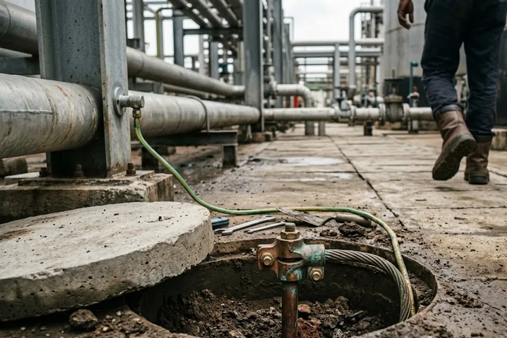 An earthing inspection pit with its cover lifted aside, showing a copper earth electrode joined to bare stranded copper conductor by a bolted clamp, in damp soil.
