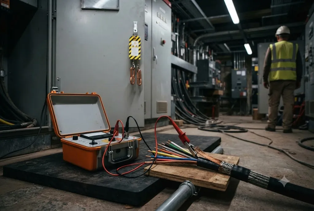 An insulation test set standing on a mat on a switchroom floor, its leads run up into an open cubicle and clipped to the fanned-out cores of a disconnected cable, with a warning tag hung on the cubicle door.