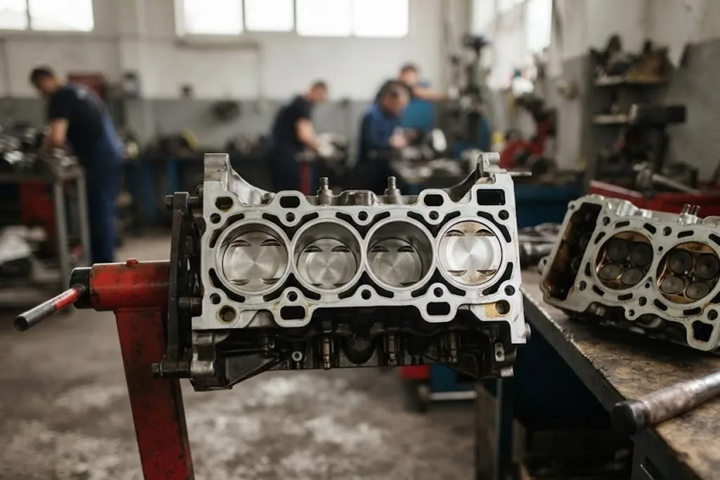 A sectioned four cylinder petrol engine on a workshop stand, cut lengthways so the four pistons, connecting rods, crankshaft and overhead camshafts are all visible, with the pistons stopped at four different heights in their bores.