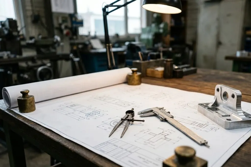 A large paper engineering drawing unrolled across a workshop inspection bench under a task lamp, held flat by brass weights at the corners, with a vernier caliper and a pair of dividers lying across it and a machined aluminium bracket standing beside it. Lathes and benches are out of focus in the background.
