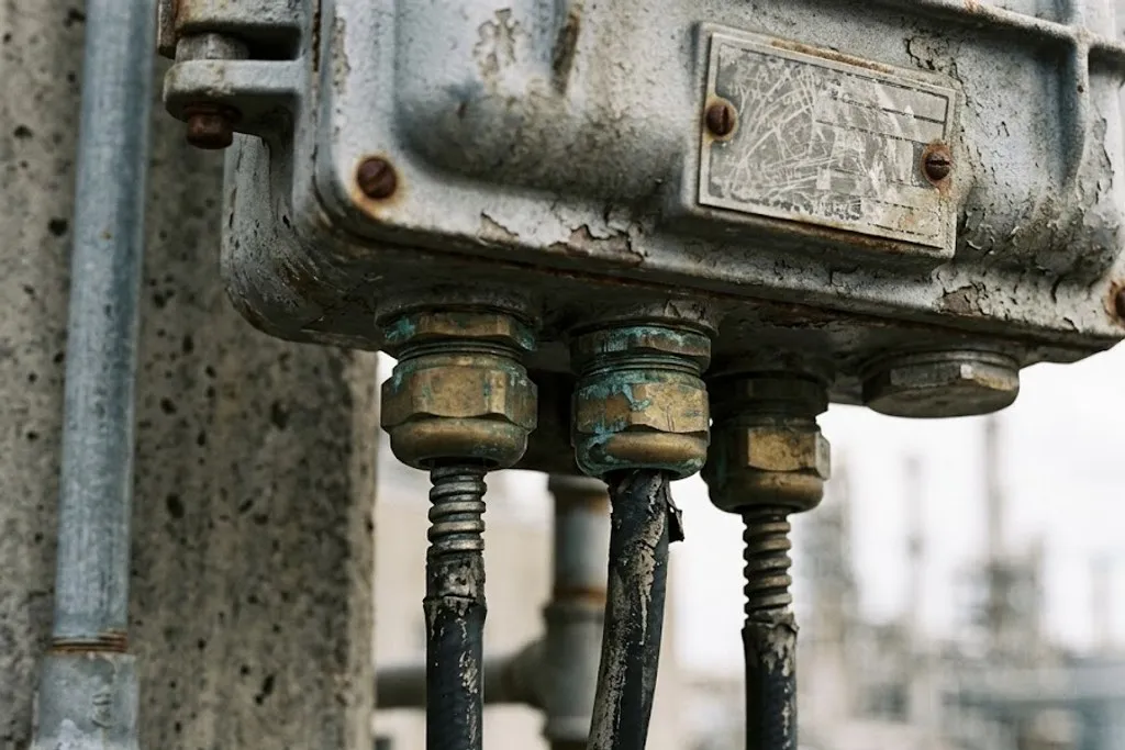 The underside of a cast flameproof enclosure with certified brass cable glands entering it, armoured cables emerging downward, and one unused entry closed with a certified metal stopping plug.