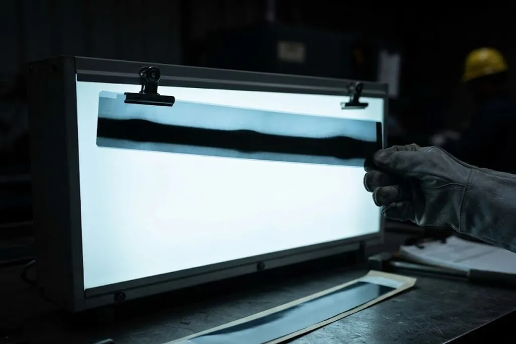 A radiographic film strip clipped across an illuminated viewing screen in a darkened room, the bright panel throwing the weld image into a dark band along the film. A gloved hand steadies one end of the strip. A second film and some paperwork wait on the bench below, and everything beyond the screen falls away into black.