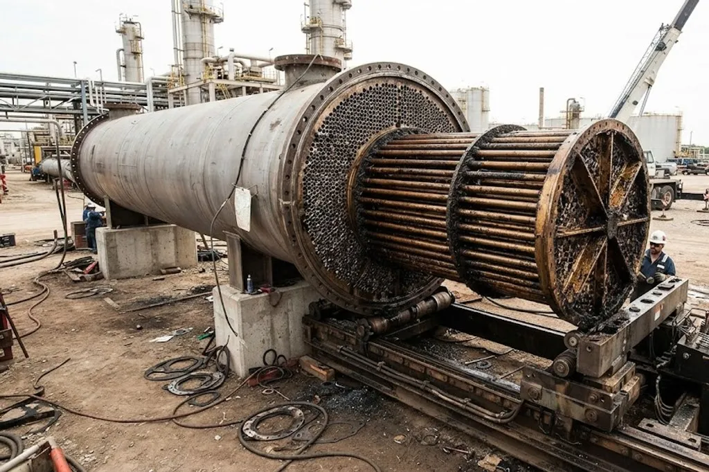 A shell and tube heat exchanger with its channel head removed and the tube bundle partly withdrawn, showing densely packed tube ends in the tubesheet with fouling deposits.