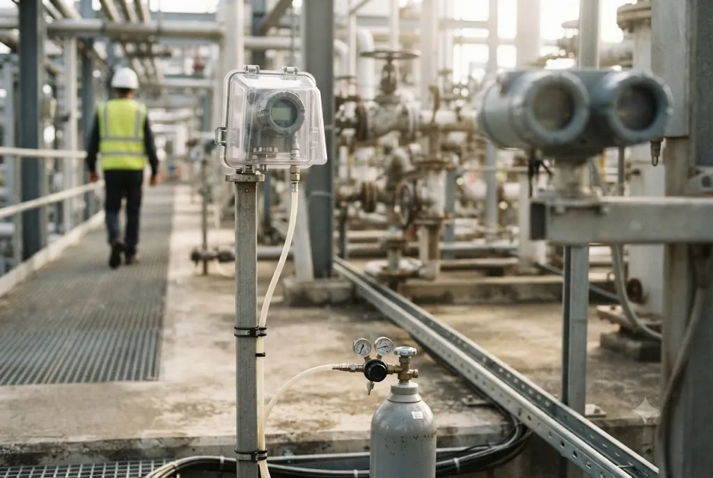 A point gas detector mounted on a stanchion in a process area with its housing open, a calibration gas cylinder with a regulator standing at the base and tubing running up to a gassing cap fitted over the sensing head, and a dual-head infrared detector on an adjacent stand.