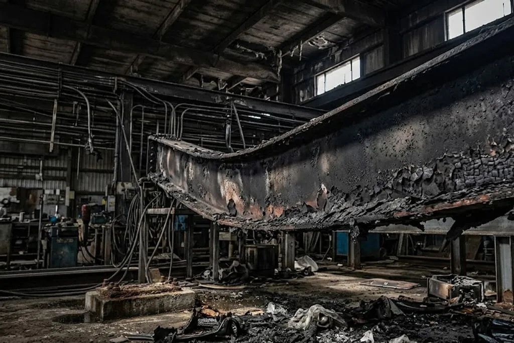 The interior of a fire-damaged industrial building, a long steel beam visibly sagged into a curve, its surface blackened and flaking, with charred debris on the floor beneath it.