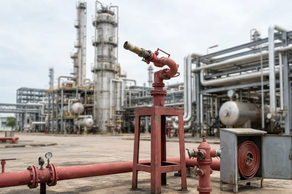 An elevated fire water monitor on a red painted stand at a refinery, its nozzle aimed toward a process unit, with a hydrant and a hose reel cabinet at ground level beside it and red fire main piping running along the ground.