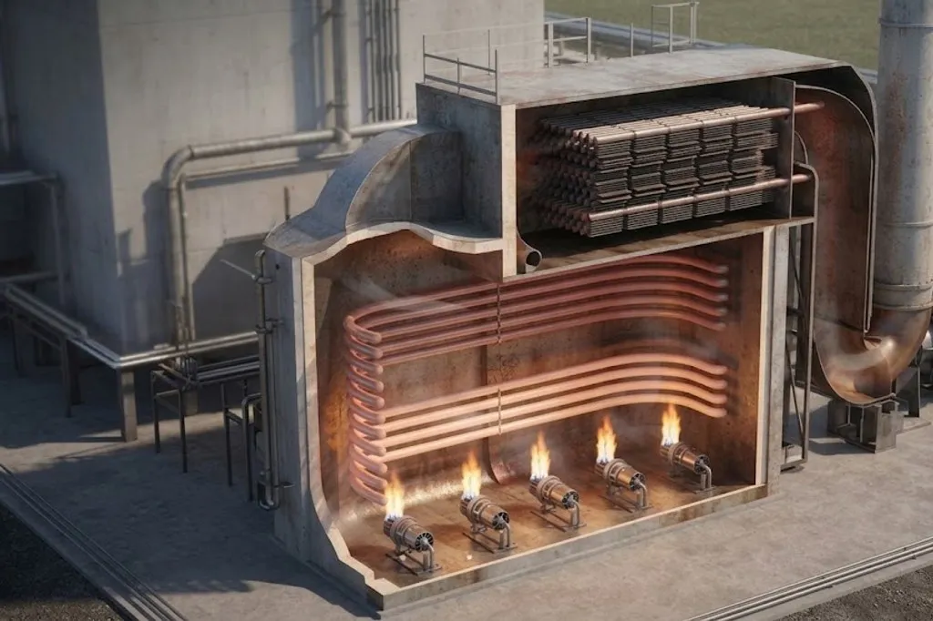 Cutaway view of a cabin-type fired heater. Burners fire along the floor of the refractory-lined firebox, with process tubes running horizontally across it. Above sits a dense bundle of convection tubes, and flue gas leaves through a duct to a stack with an induced draught fan.