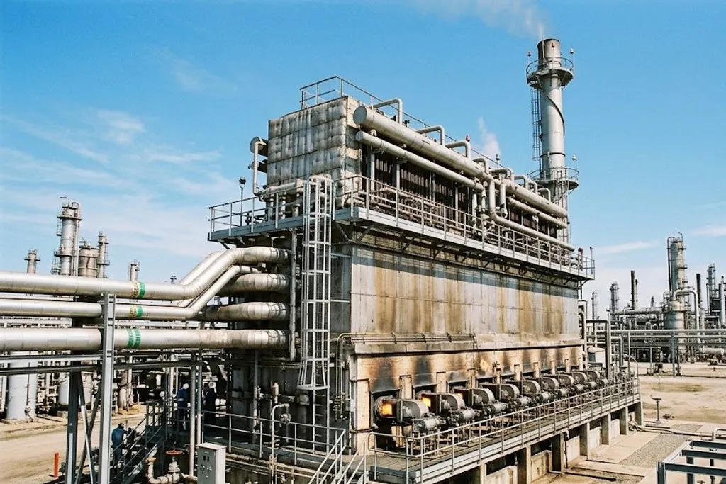 A row of vertical cylindrical fired heaters in a gas plant, each with its own stack rising above a cylindrical firebox, with access platforms and ladders.