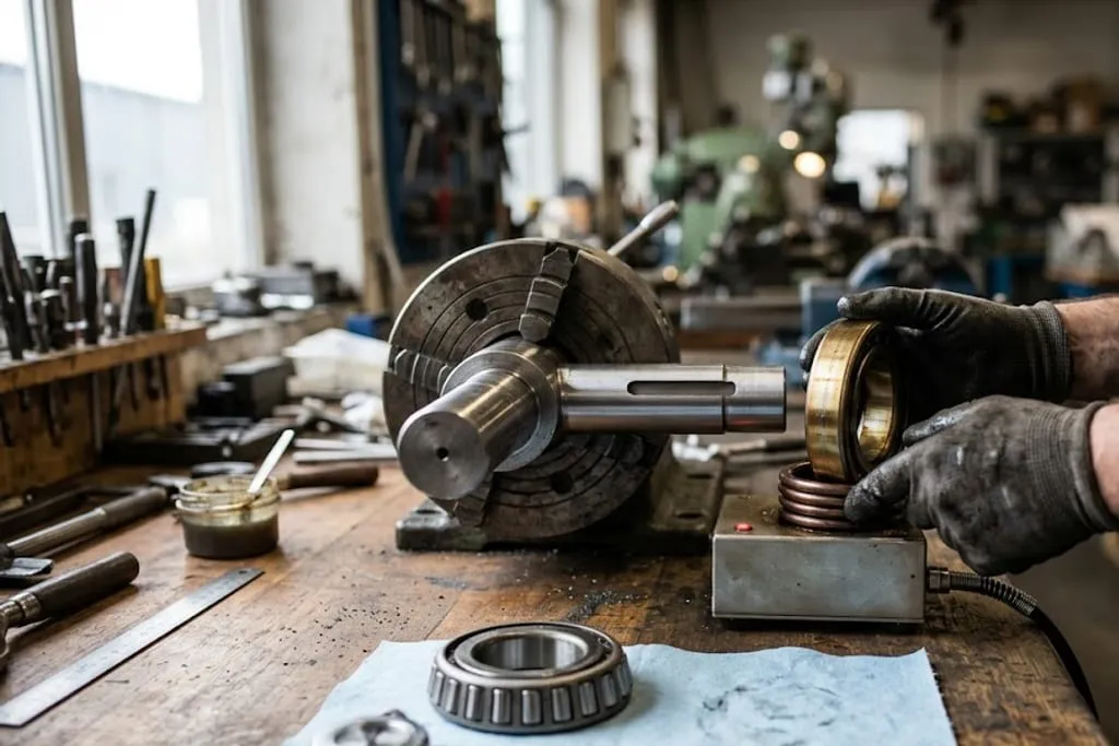 A bearing heated on an induction heater being lifted by gloved hands towards a stepped steel shaft held in a lathe chuck, with a second tapered roller bearing and a bore gauge lying on a lint-free cloth in the foreground of a workshop bench.