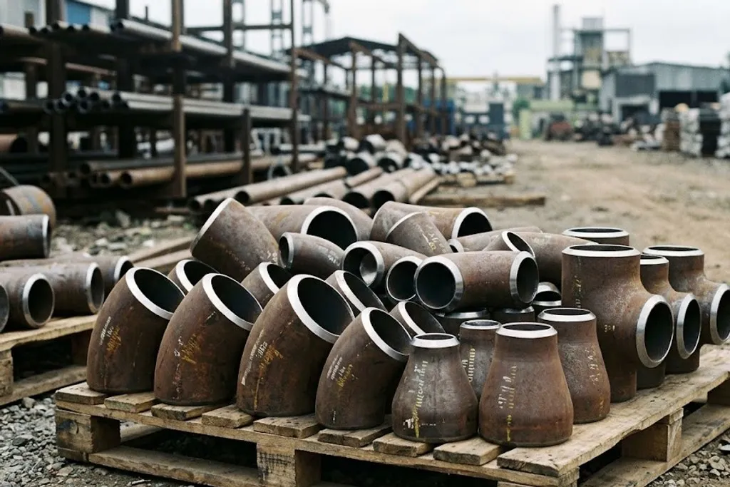 A pallet of new carbon steel butt-weld fittings standing in a fabrication yard. Elbows, concentric reducers and tees are grouped together, their bodies covered in light mill rust and stencilled markings, while the machined weld bevels around every open end show as bright rings. Pipe racks and a plant stand behind.