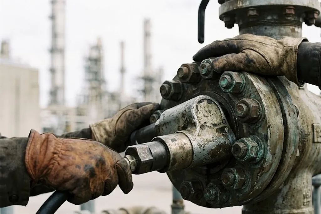 Gloved hands using a hydraulic torque wrench on the studs of a large flanged joint in a process line, with studs and heavy hex nuts around the flange.