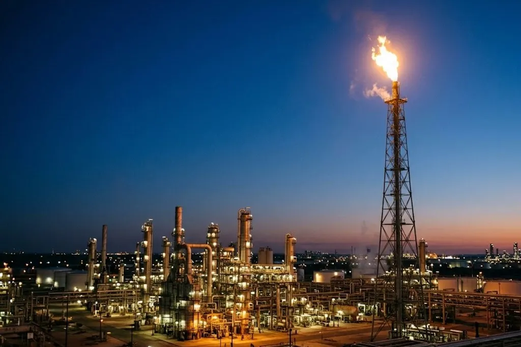 A tall flare stack burning a steady flame at its tip against a dusk sky, with the outline of a refinery and its pipe racks below.