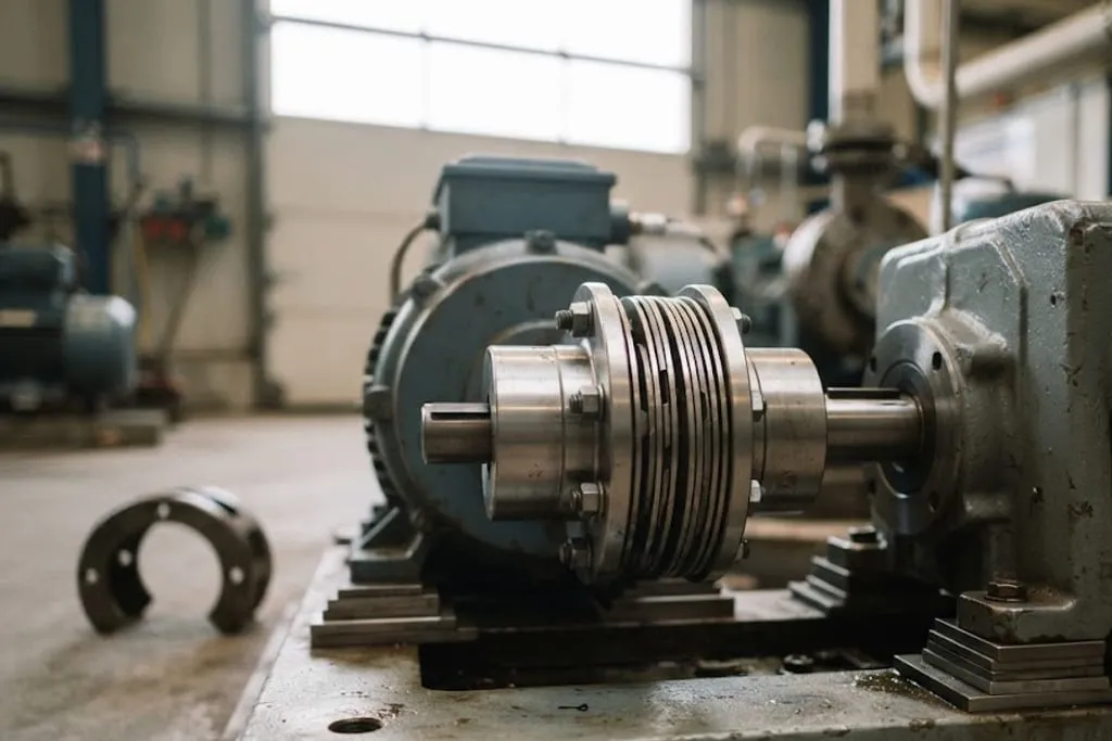 A flexible disc-pack coupling between an electric motor and a gearbox with the coupling guard removed and lying on the floor beside it, the stainless steel disc packs and spacer element visible between the two hubs, shims stacked under the machine feet.