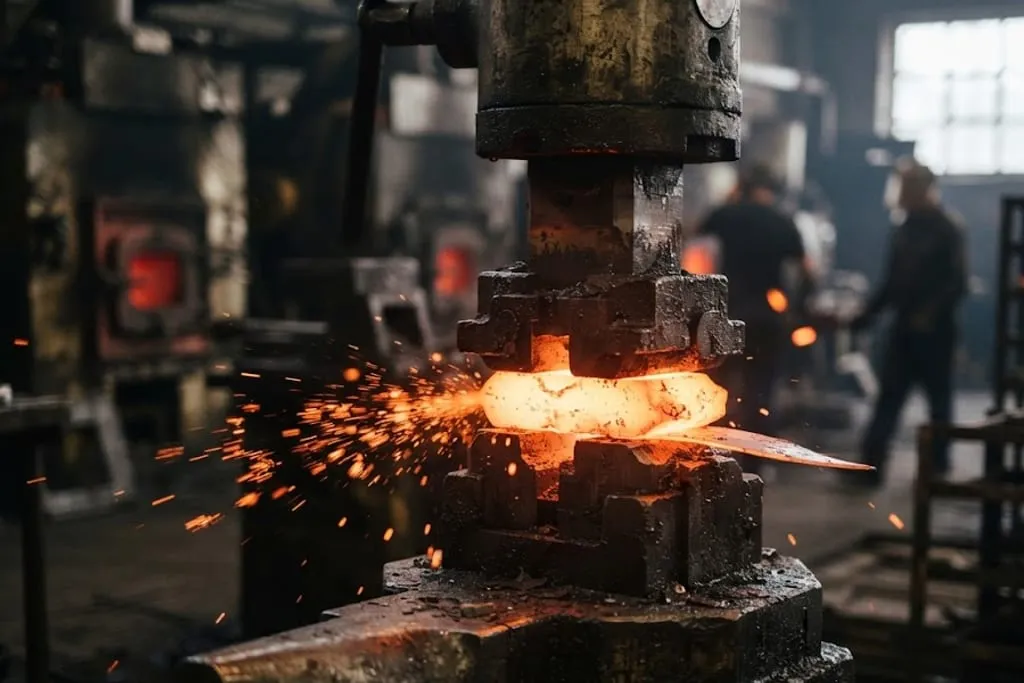 A glowing orange steel billet being struck in a closed die on a forging hammer, scale flying off as sparks, and a thin fin of flash spreading out at the parting line between the oil-blackened dies.
