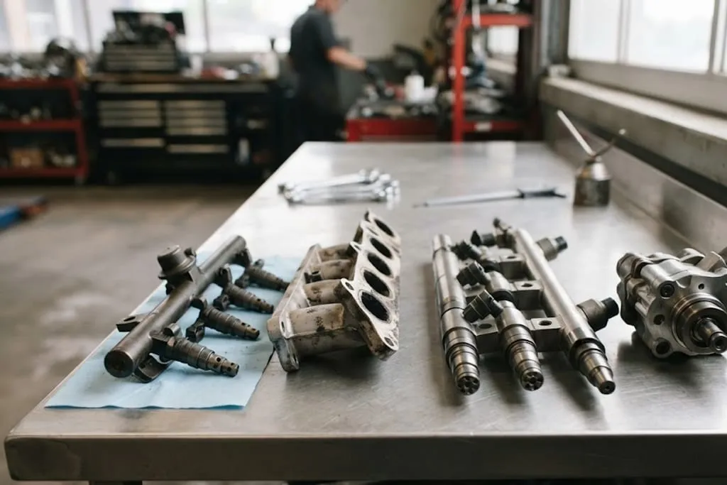 A cutaway direct injection petrol cylinder head on a bench, showing the high pressure injector entering the combustion chamber beside the spark plug, the high pressure fuel rail above it, and a separate port injector fitted in the inlet runner of the adjacent cylinder.